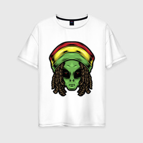 Женская футболка хлопок Oversize с принтом Reggae alien в Петрозаводске, 100% хлопок | свободный крой, круглый ворот, спущенный рукав, длина до линии бедер
 | alien | волосы | инопланетянин | кепка | нло | пришелец | растаман | регги | хипстер | шляпа