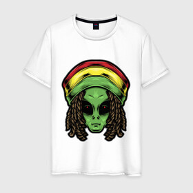 Мужская футболка хлопок с принтом Reggae alien в Петрозаводске, 100% хлопок | прямой крой, круглый вырез горловины, длина до линии бедер, слегка спущенное плечо. | alien | волосы | инопланетянин | кепка | нло | пришелец | растаман | регги | хипстер | шляпа