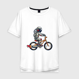 Мужская футболка хлопок Oversize с принтом Астронавт на велосипеде в Петрозаводске, 100% хлопок | свободный крой, круглый ворот, “спинка” длиннее передней части | Тематика изображения на принте: астронавт | велосипед | космонавт | космос | костюм | ракеты | скафандр | хипстер | шлем