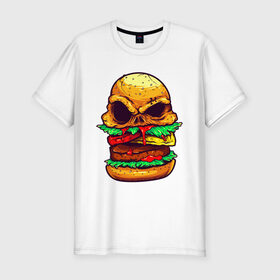 Мужская футболка хлопок Slim с принтом Голодный бургер в Петрозаводске, 92% хлопок, 8% лайкра | приталенный силуэт, круглый вырез ворота, длина до линии бедра, короткий рукав | бургер | бутерброд | голодный | кровь | мясо | хипстер | череп