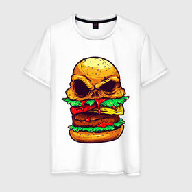 Мужская футболка хлопок с принтом Голодный бургер в Петрозаводске, 100% хлопок | прямой крой, круглый вырез горловины, длина до линии бедер, слегка спущенное плечо. | бургер | бутерброд | голодный | кровь | мясо | хипстер | череп