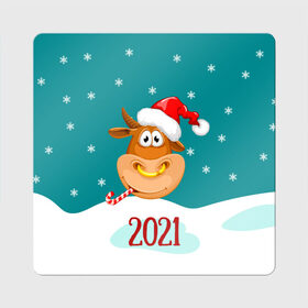 Магнит виниловый Квадрат с принтом 2021 Год быка в Петрозаводске, полимерный материал с магнитным слоем | размер 9*9 см, закругленные углы | 2021 | 7 января | bull | newyear | santa | бык | быки | бычок | год быка | дед мороз | корова | новогодние каникулы | новогодние праздники | новый 2021 | новый год | новый год 2021 | рождество | сани | санта | санта клаус