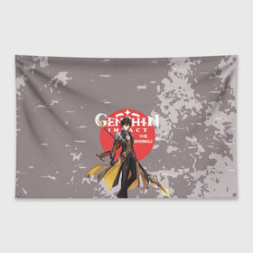 Флаг-баннер с принтом Genshin Impact - Zhongli в Петрозаводске, 100% полиэстер | размер 67 х 109 см, плотность ткани — 95 г/м2; по краям флага есть четыре люверса для крепления | anime | game | genshin impact | rpg | zhongli | аниме | геншин импакт | игра | персонаж | рпг | чжун ли