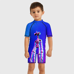 Детский купальный костюм 3D с принтом Siren Head - Helloween в Петрозаводске, Полиэстер 85%, Спандекс 15% | застежка на молнии на спине | Тематика изображения на принте: glitch | glitch siren head | rgb | siren head | sirena | глитч | глич | ретро | сирейноголовый | сирена | сиреноголовый