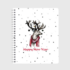 Тетрадь с принтом Happy New Year в Петрозаводске, 100% бумага | 48 листов, плотность листов — 60 г/м2, плотность картонной обложки — 250 г/м2. Листы скреплены сбоку удобной пружинной спиралью. Уголки страниц и обложки скругленные. Цвет линий — светло-серый
 | christmas toys | deer | deer print | happy new year | new year | snow | snowflakes | tree | новогодний принт | новогодний свитер | новогодняя футболка | новый год | олени | принт оленя | с новым годом | с оленями | снег