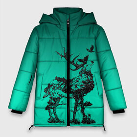 Женская зимняя куртка 3D с принтом олень из лесных символов в Петрозаводске, верх — 100% полиэстер; подкладка — 100% полиэстер; утеплитель — 100% полиэстер | длина ниже бедра, силуэт Оверсайз. Есть воротник-стойка, отстегивающийся капюшон и ветрозащитная планка. 

Боковые карманы с листочкой на кнопках и внутренний карман на молнии | ворон | градиент | деревья | животное | зверь | лес | лось | олень | природа | рога | сила | силуэт | символы | эко | экология