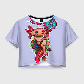 Женская футболка Crop-top 3D с принтом Магический аксолотль в Петрозаводске, 100% полиэстер | круглая горловина, длина футболки до линии талии, рукава с отворотами | аксолотль | жезл | кристал | магия | посох