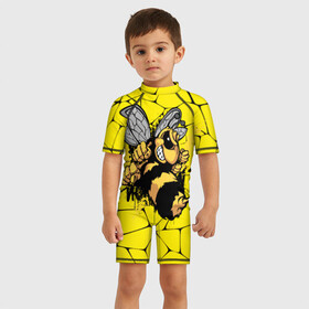 Детский купальный костюм 3D с принтом Дикая пчела в Петрозаводске, Полиэстер 85%, Спандекс 15% | застежка на молнии на спине | дикая пчела | жало | мед | насекомые | опасность | соты | текстура | шершень
