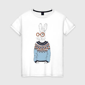 Женская футболка хлопок с принтом кролик в свитере и очках в Петрозаводске, 100% хлопок | прямой крой, круглый вырез горловины, длина до линии бедер, слегка спущенное плечо | 