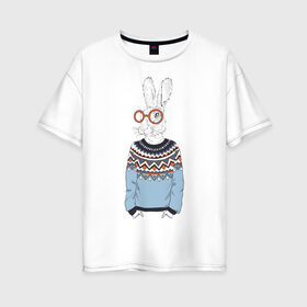 Женская футболка хлопок Oversize с принтом кролик в свитере и очках в Петрозаводске, 100% хлопок | свободный крой, круглый ворот, спущенный рукав, длина до линии бедер
 | 