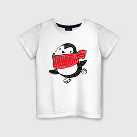 Детская футболка хлопок с принтом Пингвин на коньках в Петрозаводске, 100% хлопок | круглый вырез горловины, полуприлегающий силуэт, длина до линии бедер | 