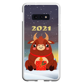 Чехол для Samsung S10E с принтом Бык с подарками 2021 в Петрозаводске, Силикон | Область печати: задняя сторона чехла, без боковых панелей | Тематика изображения на принте: 2021 | 7 января | bull | newyear | santa | бык | быки | бычок | год быка | дед мороз | корова | новогодние каникулы | новогодние праздники | новый 2021 | новый год | новый год 2021 | рождество | сани | санта | санта клаус