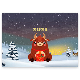 Поздравительная открытка с принтом Бык с подарками 2021 в Петрозаводске, 100% бумага | плотность бумаги 280 г/м2, матовая, на обратной стороне линовка и место для марки
 | 2021 | 7 января | bull | newyear | santa | бык | быки | бычок | год быка | дед мороз | корова | новогодние каникулы | новогодние праздники | новый 2021 | новый год | новый год 2021 | рождество | сани | санта | санта клаус
