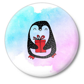 Значок с принтом Милый пингвин с подарком в Петрозаводске,  металл | круглая форма, металлическая застежка в виде булавки | 
