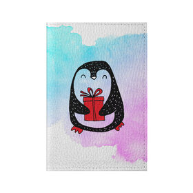 Обложка для паспорта матовая кожа с принтом Милый пингвин с подарком в Петрозаводске, натуральная матовая кожа | размер 19,3 х 13,7 см; прозрачные пластиковые крепления | Тематика изображения на принте: 