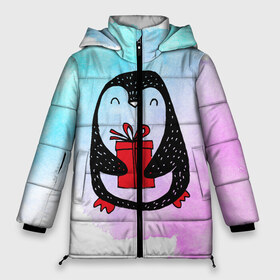 Женская зимняя куртка 3D с принтом Милый пингвин с подарком в Петрозаводске, верх — 100% полиэстер; подкладка — 100% полиэстер; утеплитель — 100% полиэстер | длина ниже бедра, силуэт Оверсайз. Есть воротник-стойка, отстегивающийся капюшон и ветрозащитная планка. 

Боковые карманы с листочкой на кнопках и внутренний карман на молнии | 
