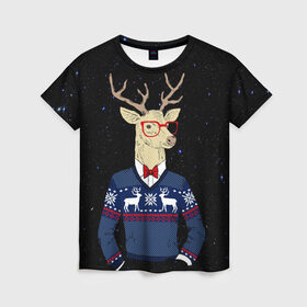 Женская футболка 3D с принтом Hipster Deer в Петрозаводске, 100% полиэфир ( синтетическое хлопкоподобное полотно) | прямой крой, круглый вырез горловины, длина до линии бедер | Тематика изображения на принте: 