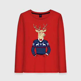 Женский лонгслив хлопок с принтом Hipster Deer в Петрозаводске, 100% хлопок |  | 2021 | happy | new year | дед мороз | елка | клаус | нг | новый год | носок | олени | очки | подарок | полосы | рождество | с | санта | свитер | снег | снеговик | снежинка | узор | хипстер