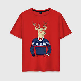 Женская футболка хлопок Oversize с принтом Hipster Deer в Петрозаводске, 100% хлопок | свободный крой, круглый ворот, спущенный рукав, длина до линии бедер
 | Тематика изображения на принте: 2021 | happy | new year | дед мороз | елка | клаус | нг | новый год | носок | олени | очки | подарок | полосы | рождество | с | санта | свитер | снег | снеговик | снежинка | узор | хипстер