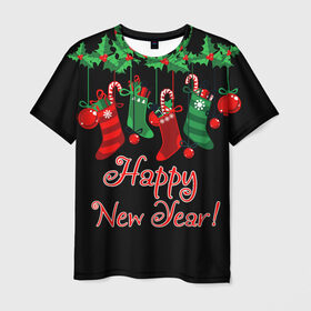 Мужская футболка 3D с принтом Happy New Year! в Петрозаводске, 100% полиэфир | прямой крой, круглый вырез горловины, длина до линии бедер | 2020 | 2021 | happy | new year | быка | гирлянда | дед мороз | елка | зеленый | игрушка | клаус | конфеты | нг | новый год | носок | перчатка | печенье | подарок | полосы | пряник | рождество | с | санта | сладости | снег