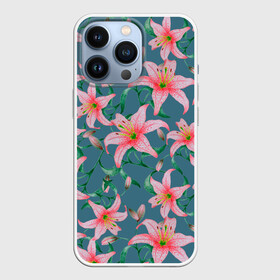 Чехол для iPhone 13 Pro с принтом Лилии на сером фоне в Петрозаводске,  |  | 8 марта | весна | зеленый | лилии | праздник | природа | растения | розовый | серый | цветы