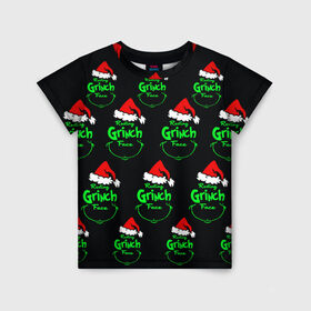 Детская футболка 3D с принтом Grinch Face в Петрозаводске, 100% гипоаллергенный полиэфир | прямой крой, круглый вырез горловины, длина до линии бедер, чуть спущенное плечо, ткань немного тянется | 2020 | 2021 | grinch | белая | год | гринч | елка | женская | зеленый | красная | мужская | мультфильм | надпись | нг | новый | подарок | полосы | праздник | рождества | свитер | сердце | смайл | фильм | шапка