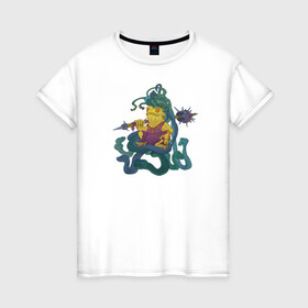 Женская футболка хлопок с принтом Горгона в Петрозаводске, 100% хлопок | прямой крой, круглый вырез горловины, длина до линии бедер, слегка спущенное плечо | булова | горгона | жаба | змеежаб | змеи | лягушка | персонаж | фэнтези