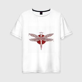 Женская футболка хлопок Oversize с принтом Стрекоза в Петрозаводске, 100% хлопок | свободный крой, круглый ворот, спущенный рукав, длина до линии бедер
 | dragonfly | красный | круг | крылья | стрекоза