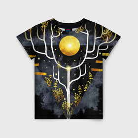 Детская футболка 3D с принтом графит и золото: дерево жизни в Петрозаводске, 100% гипоаллергенный полиэфир | прямой крой, круглый вырез горловины, длина до линии бедер, чуть спущенное плечо, ткань немного тянется | Тематика изображения на принте: абстрактный | весна | ветви | дерево  свет | жизнь | звёзды | золотото | ночь | процветание | растения | расцвет | рост | символ | солнце | стилизация | стиль | треугольник | этно