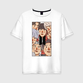 Женская футболка хлопок Oversize с принтом bts в Петрозаводске, 100% хлопок | свободный крой, круглый ворот, спущенный рукав, длина до линии бедер
 | bangtan | boy | j hope | jimin | jin | jungkook | korea | luv | rm | suga | v | with | бтс | кей | поп