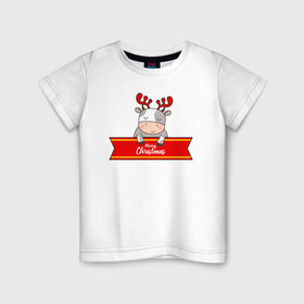 Детская футболка хлопок с принтом Новогодний бык-олень в Петрозаводске, 100% хлопок | круглый вырез горловины, полуприлегающий силуэт, длина до линии бедер | 