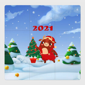 Магнитный плакат 3Х3 с принтом Бык наряжает елочку в Петрозаводске, Полимерный материал с магнитным слоем | 9 деталей размером 9*9 см | 2021 | 7 января | bull | newyear | santa | бык | бычок | год быка | дед мороз | корова | новогодние каникулы | новогодние праздники | новый 2021 | новый год | новый год 2021 | рождество | сани | санта | санта клаус