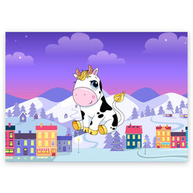 Поздравительная открытка с принтом Милый бык в Петрозаводске, 100% бумага | плотность бумаги 280 г/м2, матовая, на обратной стороне линовка и место для марки
 | 2021 | 7 января | bull | newyear | santa | бык | быки | бычок | год быка | дед мороз | корова | новогодние каникулы | новогодние праздники | новый 2021 | новый год | новый год 2021 | рождество | сани | санта | санта клаус