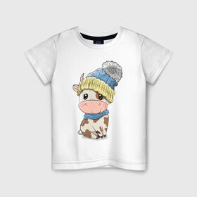 Детская футболка хлопок с принтом Милый бычок в шапочке в Петрозаводске, 100% хлопок | круглый вырез горловины, полуприлегающий силуэт, длина до линии бедер | 