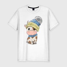Мужская футболка хлопок Slim с принтом Милый бычок в шапочке в Петрозаводске, 92% хлопок, 8% лайкра | приталенный силуэт, круглый вырез ворота, длина до линии бедра, короткий рукав | 