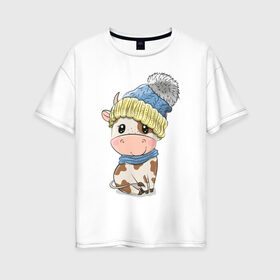 Женская футболка хлопок Oversize с принтом Милый бычок в шапочке в Петрозаводске, 100% хлопок | свободный крой, круглый ворот, спущенный рукав, длина до линии бедер
 | 
