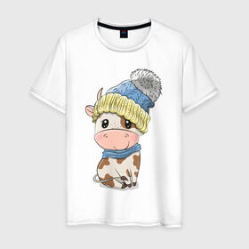 Мужская футболка хлопок с принтом Милый бычок в шапочке в Петрозаводске, 100% хлопок | прямой крой, круглый вырез горловины, длина до линии бедер, слегка спущенное плечо. | 