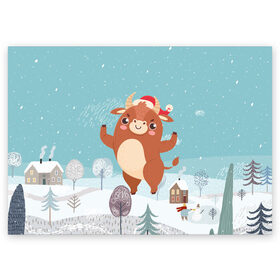 Поздравительная открытка с принтом Танцующий бык в Петрозаводске, 100% бумага | плотность бумаги 280 г/м2, матовая, на обратной стороне линовка и место для марки
 | 2021 | 7 января | bull | newyear | santa | бык | быки | бычок | год быка | дед мороз | корова | новогодние каникулы | новогодние праздники | новый 2021 | новый год | новый год 2021 | рождество | сани | санта | санта клаус