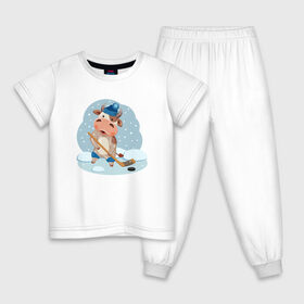 Детская пижама хлопок с принтом Бык играет в хоккей в Петрозаводске, 100% хлопок |  брюки и футболка прямого кроя, без карманов, на брюках мягкая резинка на поясе и по низу штанин
 | 