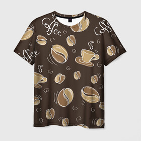 Мужская футболка 3D с принтом Кофейный узор с чашкой в Петрозаводске, 100% полиэфир | прямой крой, круглый вырез горловины, длина до линии бедер | Тематика изображения на принте: коричневый | кофе | кофейный | кофеман | паттерн | узор | чашка