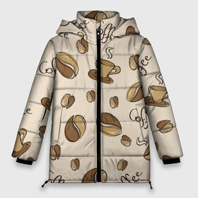 Женская зимняя куртка 3D с принтом Кофейный узор на светлом в Петрозаводске, верх — 100% полиэстер; подкладка — 100% полиэстер; утеплитель — 100% полиэстер | длина ниже бедра, силуэт Оверсайз. Есть воротник-стойка, отстегивающийся капюшон и ветрозащитная планка. 

Боковые карманы с листочкой на кнопках и внутренний карман на молнии | зерна | коричневый | кофе | кофейный | кофеман | паттерн | светлый | узор | чашка