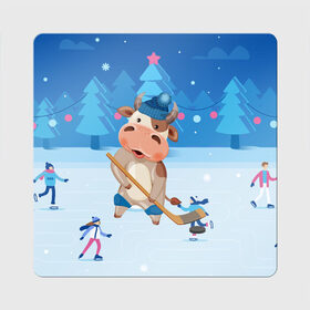Магнит виниловый Квадрат с принтом Бык играет в хоккей в Петрозаводске, полимерный материал с магнитным слоем | размер 9*9 см, закругленные углы | 2021 | 7 января | bull | newyear | santa | бык | быки | бычок | год быка | дед мороз | корова | новогодние каникулы | новогодние праздники | новый 2021 | новый год | новый год 2021 | рождество | сани | санта | санта клаус