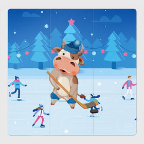 Магнитный плакат 3Х3 с принтом Бык играет в хоккей в Петрозаводске, Полимерный материал с магнитным слоем | 9 деталей размером 9*9 см | 2021 | 7 января | bull | newyear | santa | бык | быки | бычок | год быка | дед мороз | корова | новогодние каникулы | новогодние праздники | новый 2021 | новый год | новый год 2021 | рождество | сани | санта | санта клаус