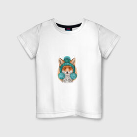 Детская футболка хлопок с принтом Забавная лиса в Петрозаводске, 100% хлопок | круглый вырез горловины, полуприлегающий силуэт, длина до линии бедер | cute | fluffy | fox | kid | winter | детский | зимний | лиса | милый | пушистый | шапка
