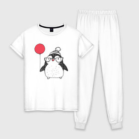Женская пижама хлопок с принтом Смешной пингвин с шариком в Петрозаводске, 100% хлопок | брюки и футболка прямого кроя, без карманов, на брюках мягкая резинка на поясе и по низу штанин | 