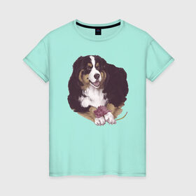 Женская футболка хлопок с принтом собака с пионом в Петрозаводске, 100% хлопок | прямой крой, круглый вырез горловины, длина до линии бедер, слегка спущенное плечо | бернский зенненхунд | домашний любимец | иллюстрация | собачник