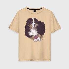 Женская футболка хлопок Oversize с принтом собака с пионом в Петрозаводске, 100% хлопок | свободный крой, круглый ворот, спущенный рукав, длина до линии бедер
 | бернский зенненхунд | домашний любимец | иллюстрация | собачник