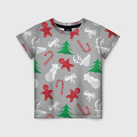 Детская футболка 3D с принтом Серый новогодний узор в Петрозаводске, 100% гипоаллергенный полиэфир | прямой крой, круглый вырез горловины, длина до линии бедер, чуть спущенное плечо, ткань немного тянется | Тематика изображения на принте: елка | красный | леденец | новогодний | новый год | паттерн | праздничный | серый | снеговик | узор