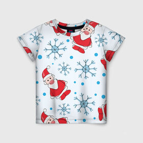 Детская футболка 3D с принтом Новогодний узор с Сантой в Петрозаводске, 100% гипоаллергенный полиэфир | прямой крой, круглый вырез горловины, длина до линии бедер, чуть спущенное плечо, ткань немного тянется | Тематика изображения на принте: дед мороз | красный | новогодний | новый год | паттерн | праздничный | санта | снежинки | узор