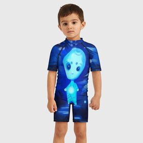 Детский купальный костюм 3D с принтом Лесной дух в Петрозаводске, Полиэстер 85%, Спандекс 15% | застежка на молнии на спине | дух | лес | листва | светлячки | синий | тропинка